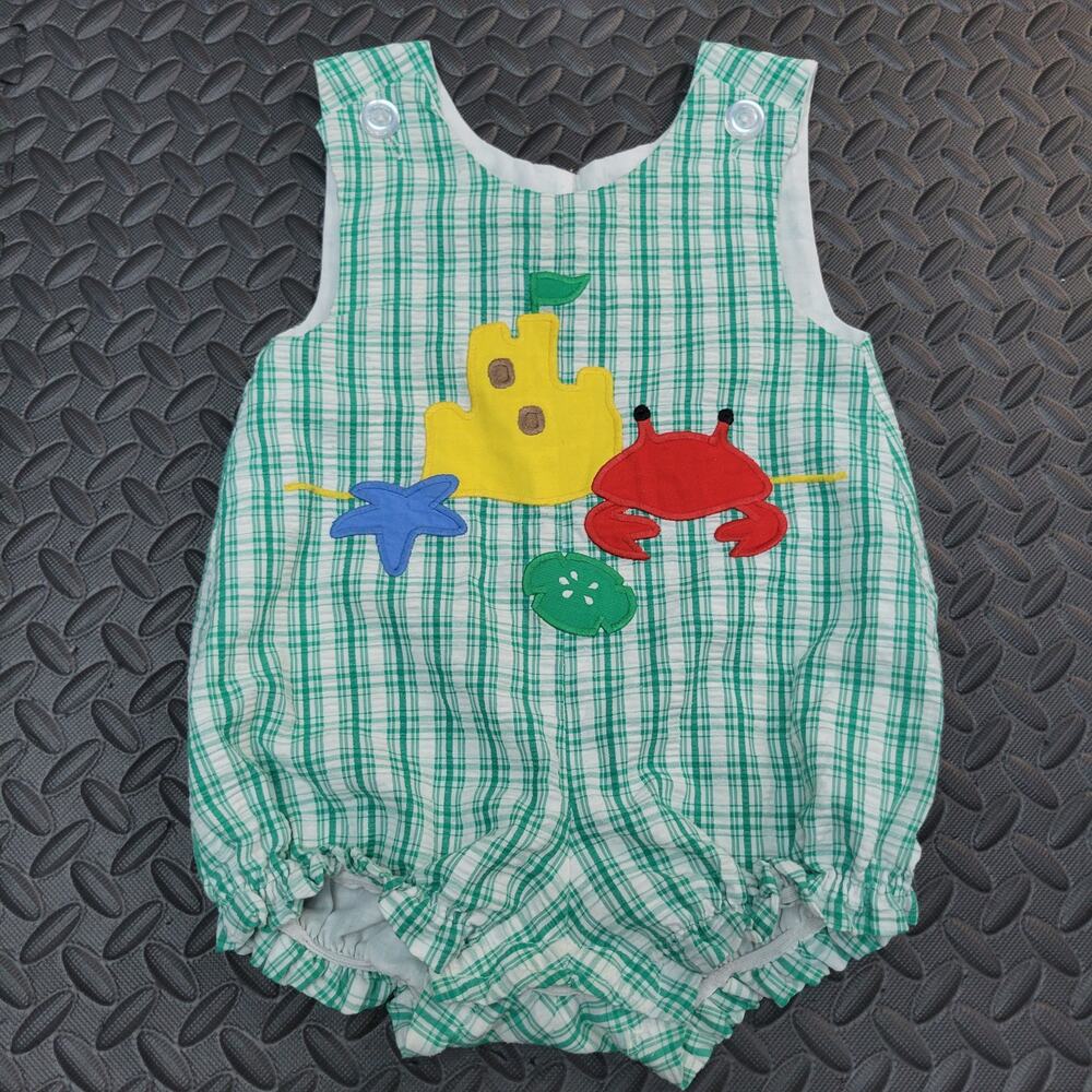 Vintage Kelly's Kids Crab Sandcastle Bubble Romper Green Plaid 12-18M Coastal
